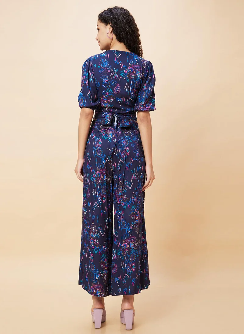globus Globus Women Paisley Print Wrap Tie-Back Crop Top & Flared Palazzos Co-Ord Set